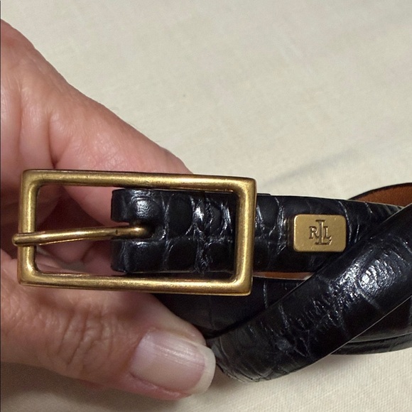 Ralph Lauren Woman’s Black Croc-Embossed Leather Belt, Gold Hardware Size Large. main image 12